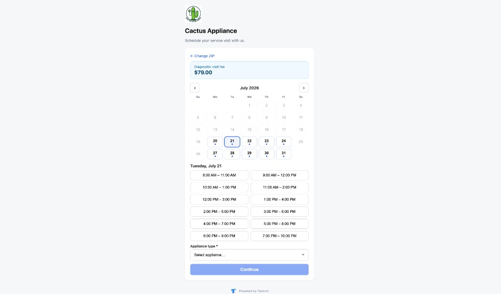 Public online booking page: calendar, arrival windows, and appliance type before continuing