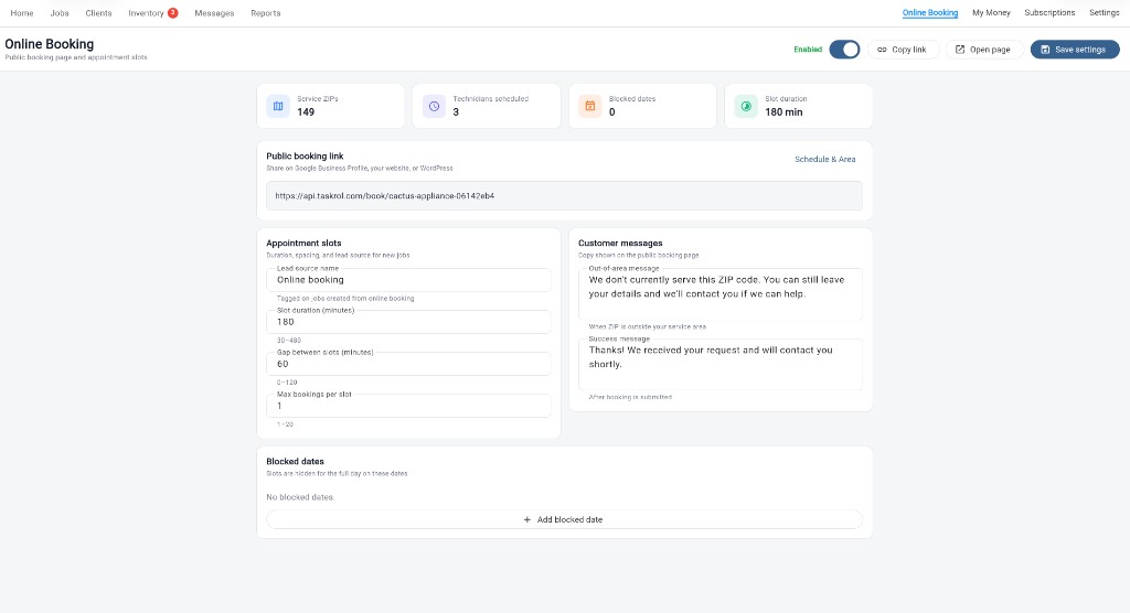 Online Booking settings in Taskrol: public link, slot duration, customer messages, and blocked dates