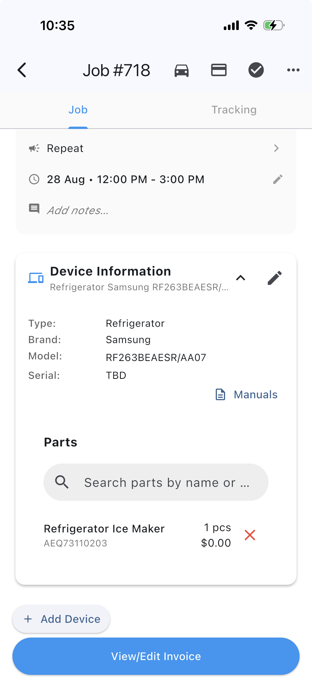 A Taskrol job on the phone with a Device Information card: type Refrigerator, brand Samsung, model RF263BEAESR/AA07, a link to the manuals, and the parts on the job listed underneath.
