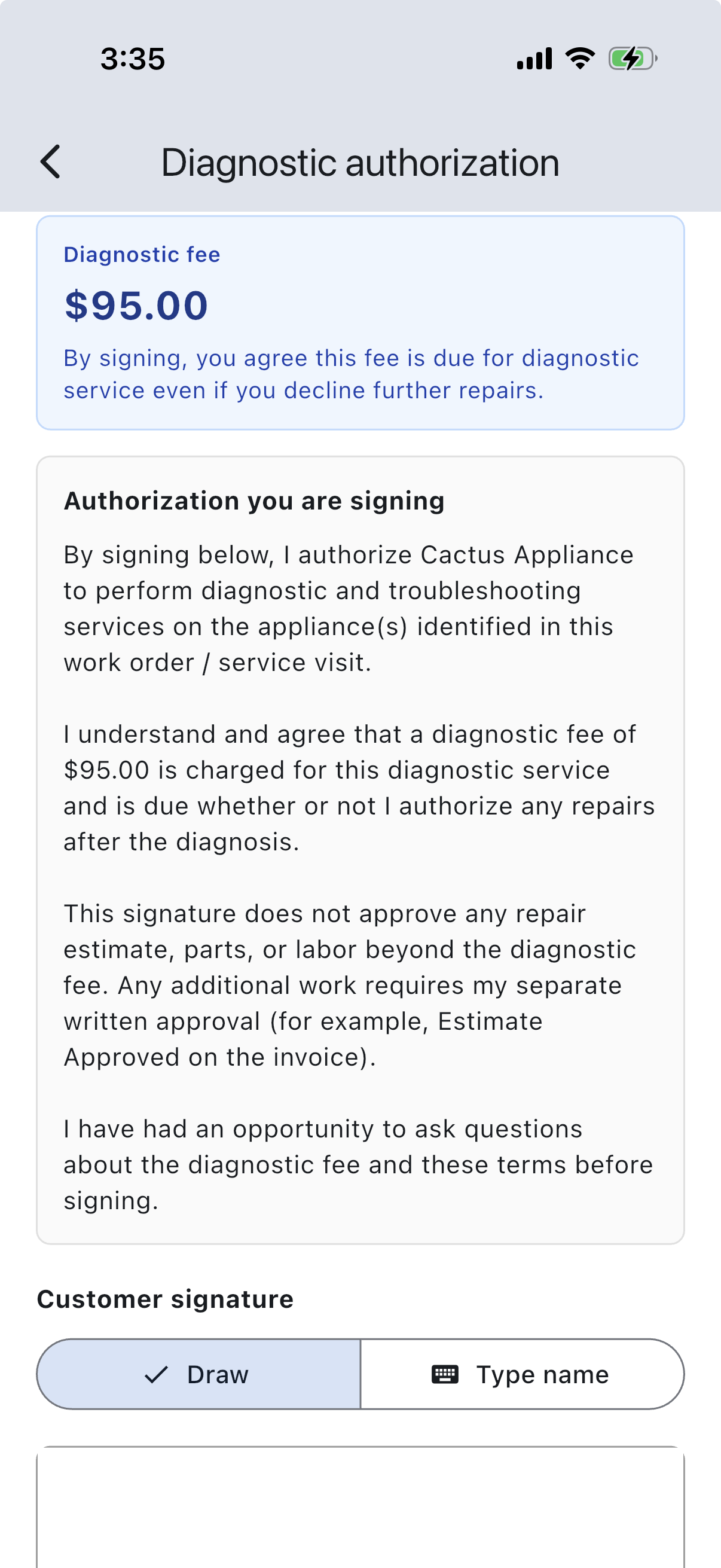Taskrol diagnostic authorization screen showing the diagnostic fee, consent terms, and customer signature options