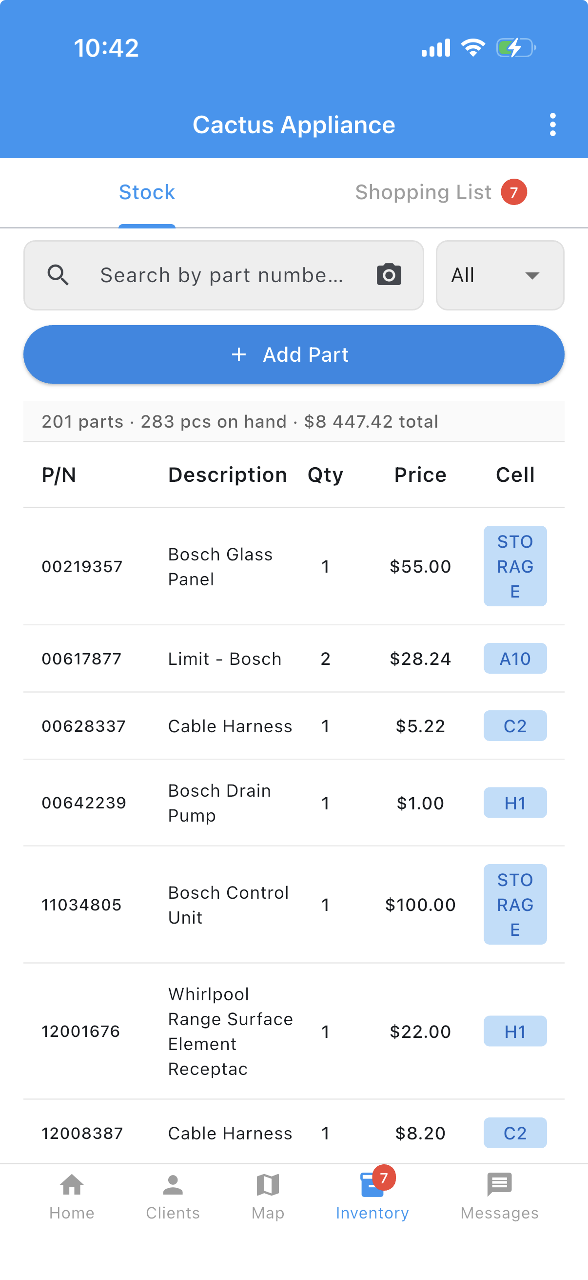 Taskrol van inventory on the phone: the Stock tab listing about two hundred parts on hand, each with a part number, description, quantity, price, and the van cell it sits in, above a search box and an Add Part button.