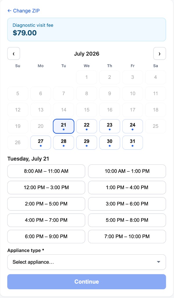 Public online booking page: diagnostic fee, calendar, arrival windows, and appliance type