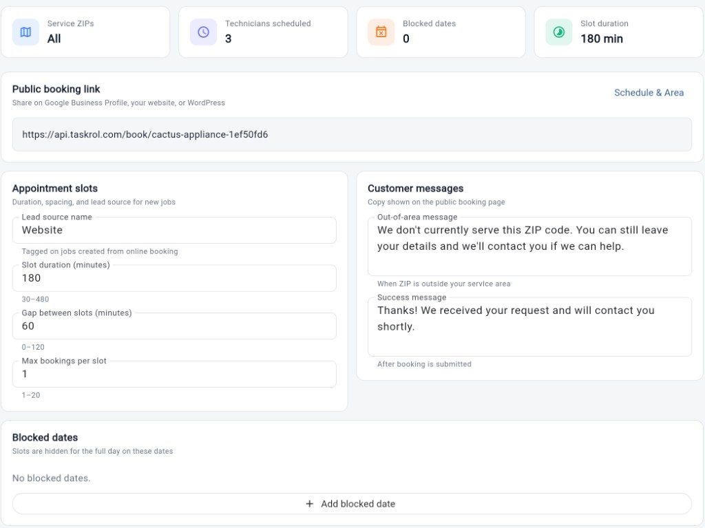 Online Booking settings: public link, slot duration, customer messages, and blocked dates