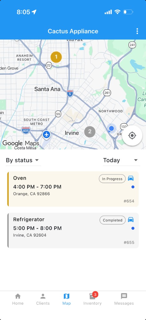 Taskrol mobile Map: jobs plotted on the map with today's schedule list below