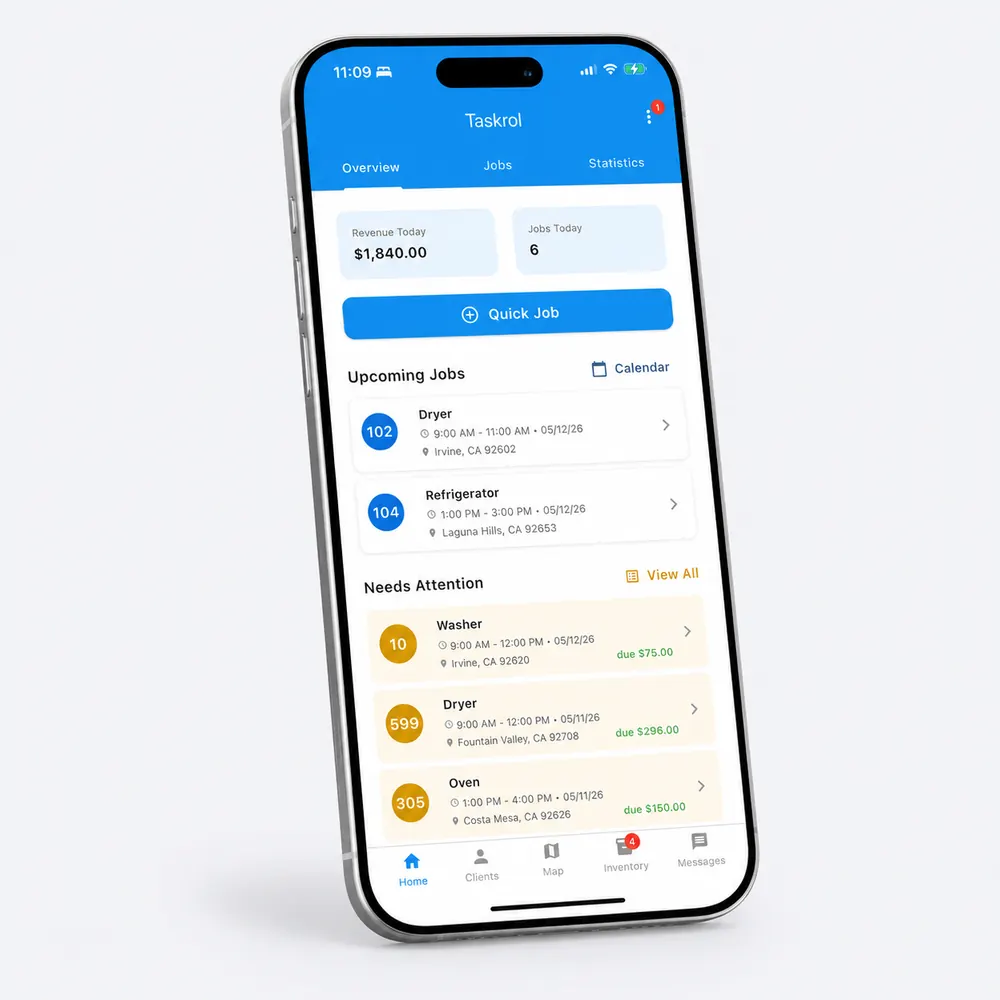 Taskrol appliance repair team management dashboard