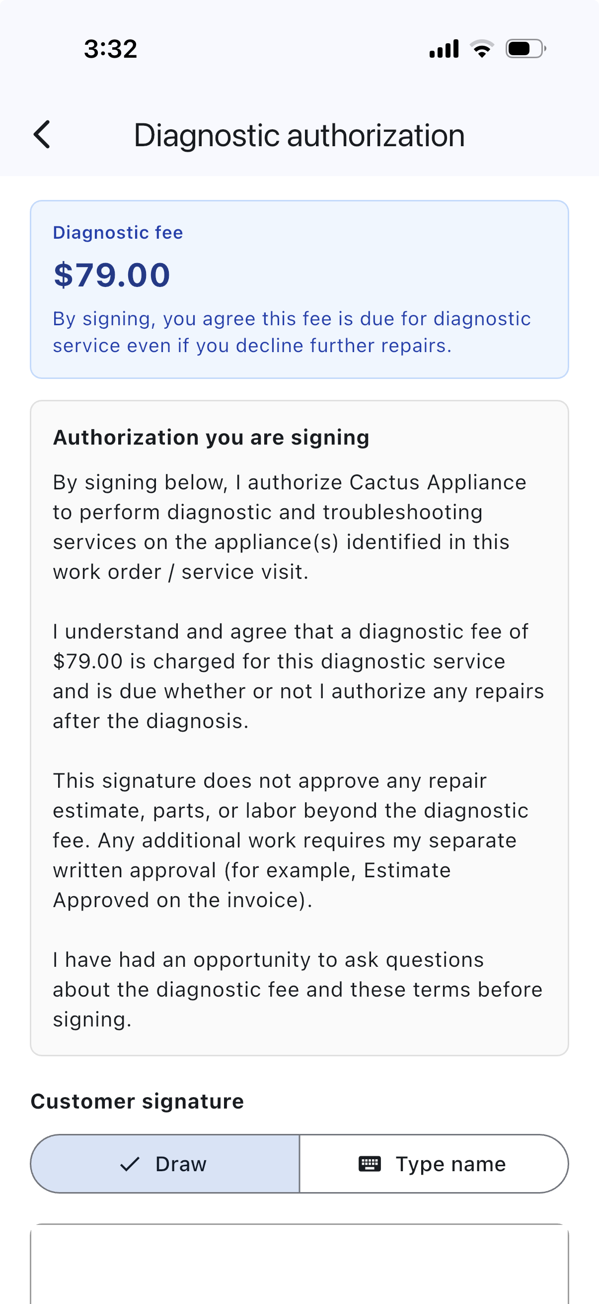 Taskrol diagnostic authorization showing a 79 dollar diagnostic fee, plain-language terms, and customer signature controls