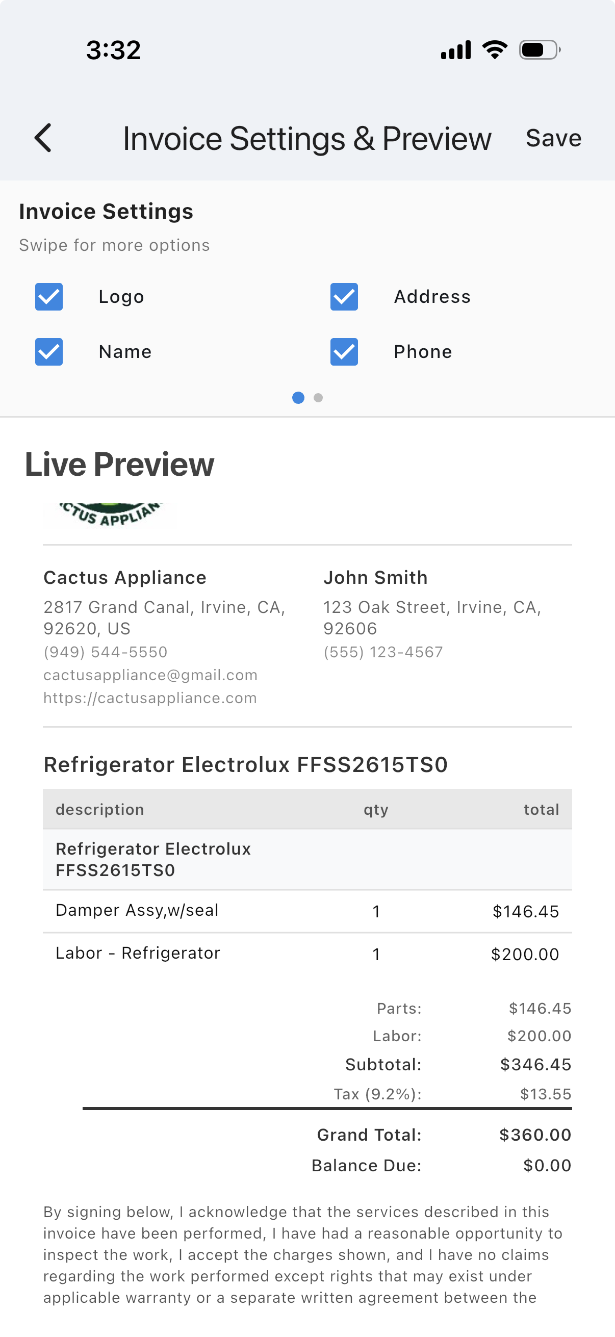 Taskrol mobile appliance repair invoice preview with customer, appliance, parts, labor, tax, total, and signature terms