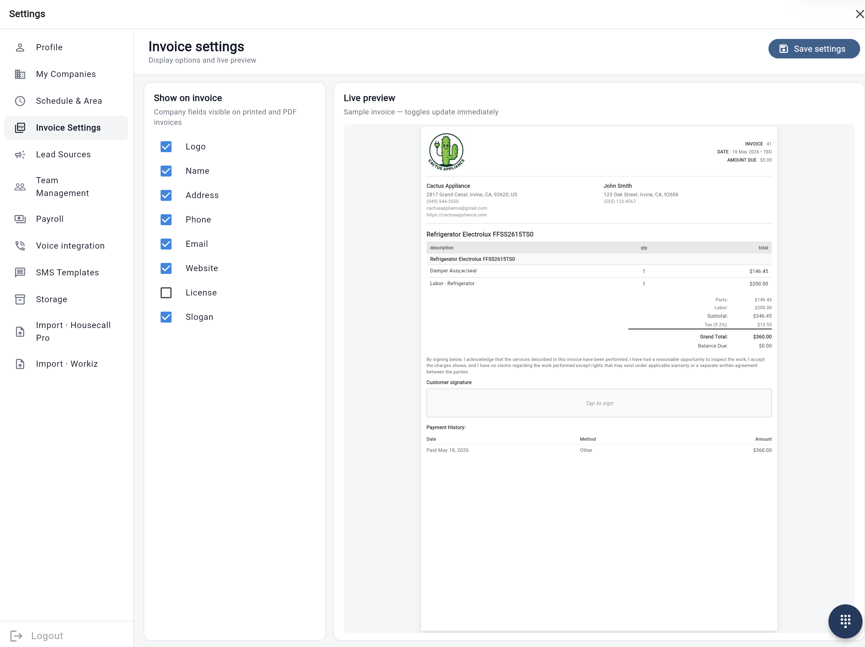Taskrol web invoice settings with company-field controls and a live appliance repair invoice preview