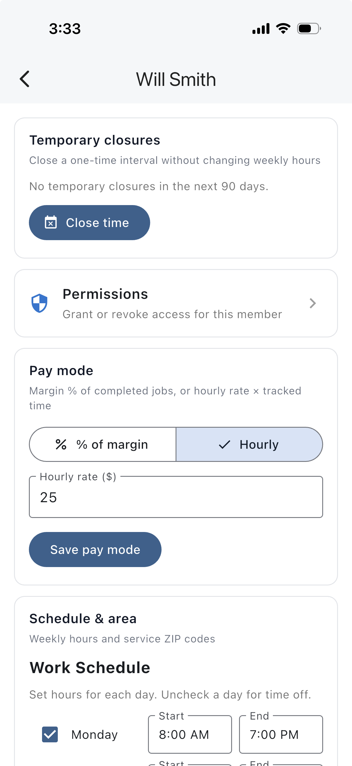 Taskrol mobile technician settings with percent of margin and hourly pay options