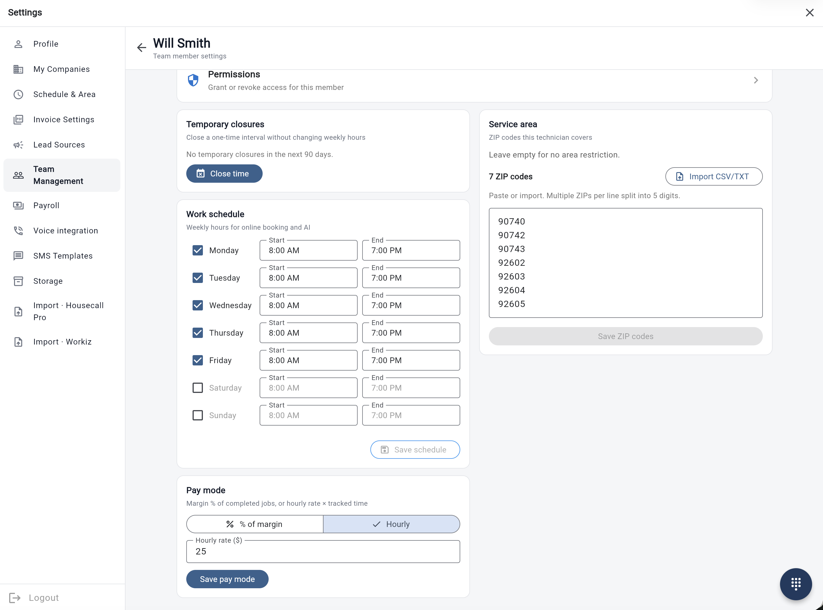 Taskrol web team member settings with schedule, service ZIP codes, and hourly or percent-of-margin pay mode
