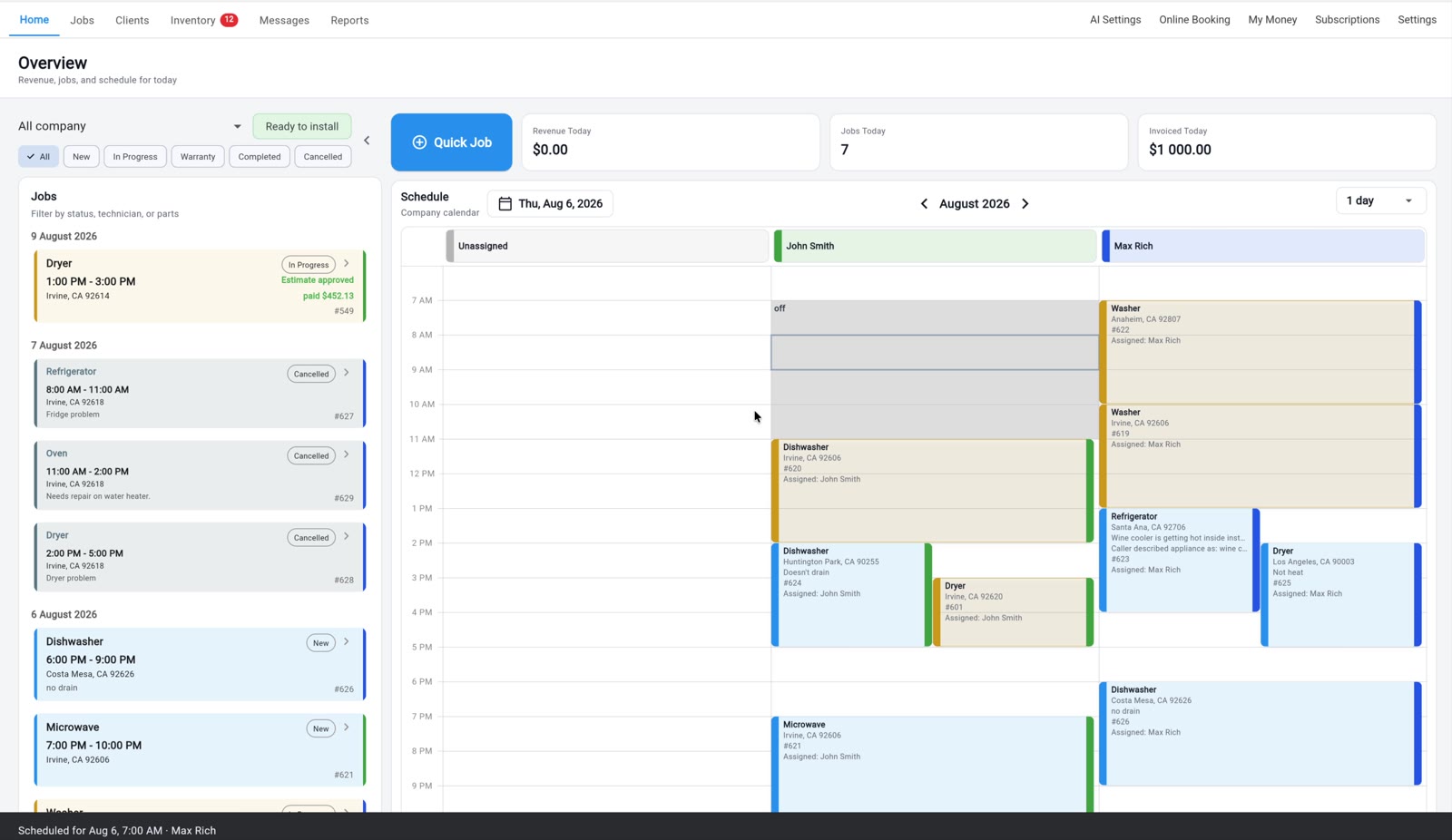 Taskrol web Overview for Thursday, August 6, 2026: a company calendar with Unassigned, John Smith, and Max Rich columns, an off block on John Smith's morning, and job cards showing appliance, city, ZIP, and job number, one of them a Refrigerator job in Santa Ana with a note that the caller described the appliance as a wine cooler.
