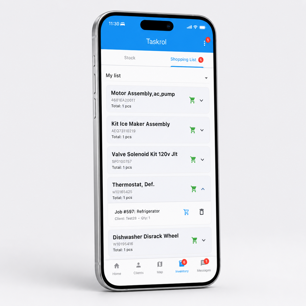 Taskrol company-wide shopping list: parts needed across several open jobs pooled into one purchase view, each line showing the job it came from.