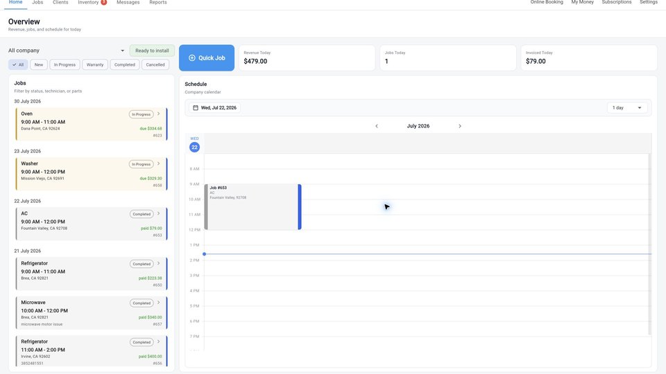 Taskrol web app showing the dashboard, job board, inventory, and reports