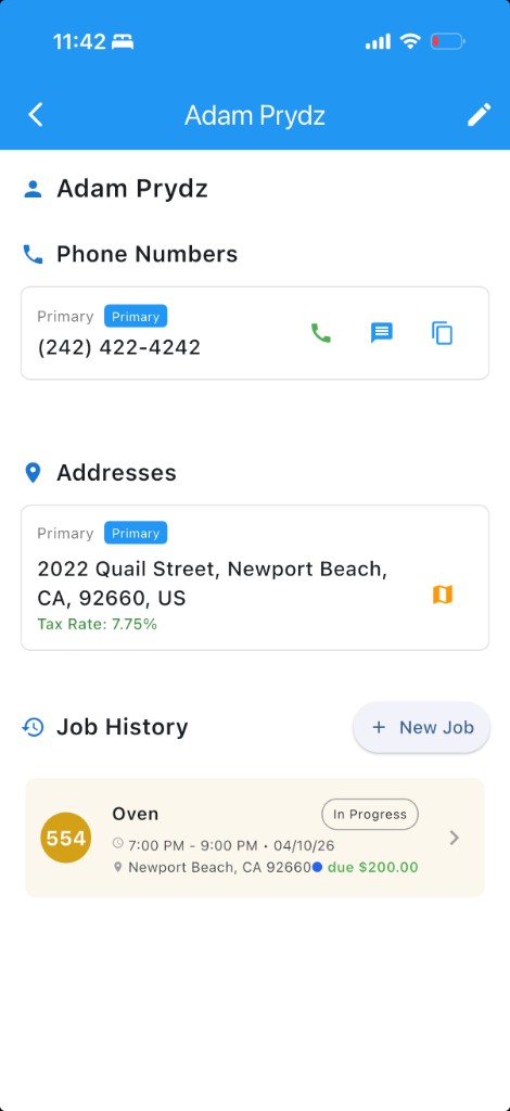 Taskrol client profile: address with automatic tax rate shown under the location