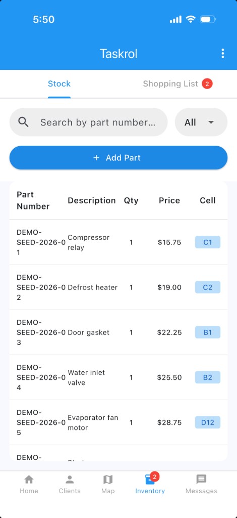 Taskrol Inventory Stock tab with parts table and bin locations