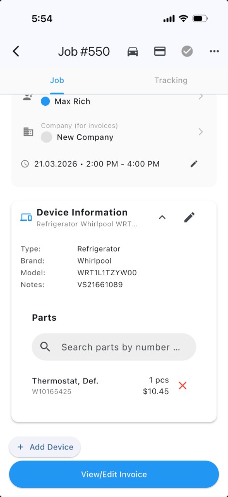 Taskrol job screen with device information and parts line