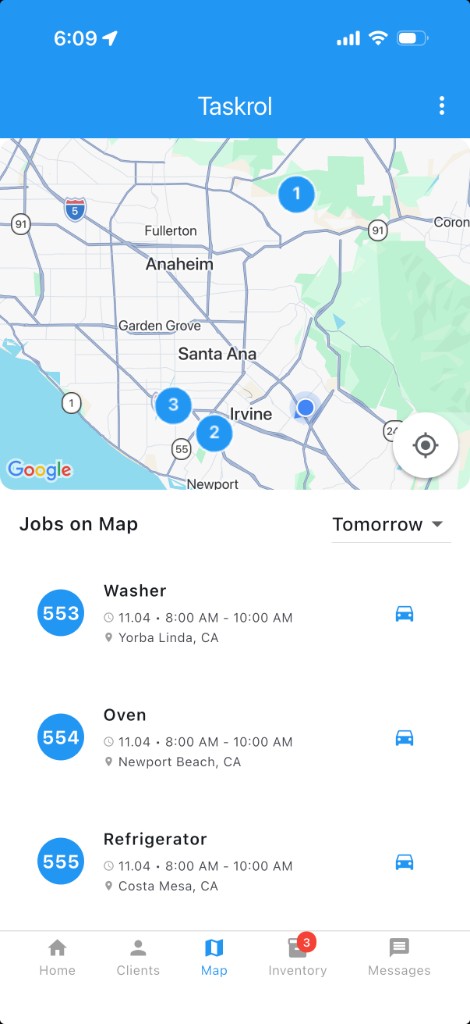 Taskrol Map tab showing jobs on a map and a scrollable job list