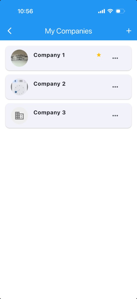 Taskrol My Companies screen listing multiple company profiles under one user