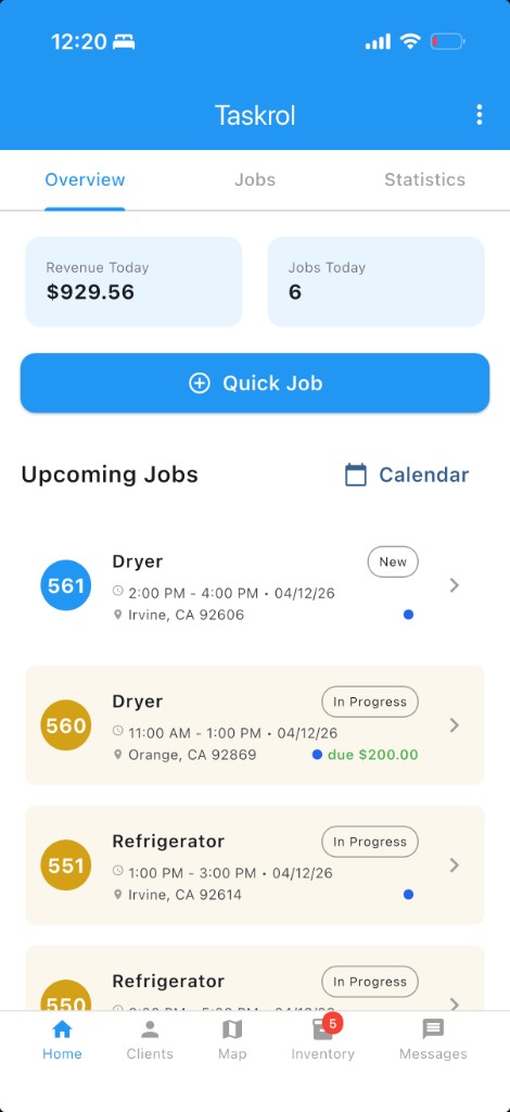 Taskrol mobile app Overview tab with revenue and jobs today, upcoming jobs, and needs attention