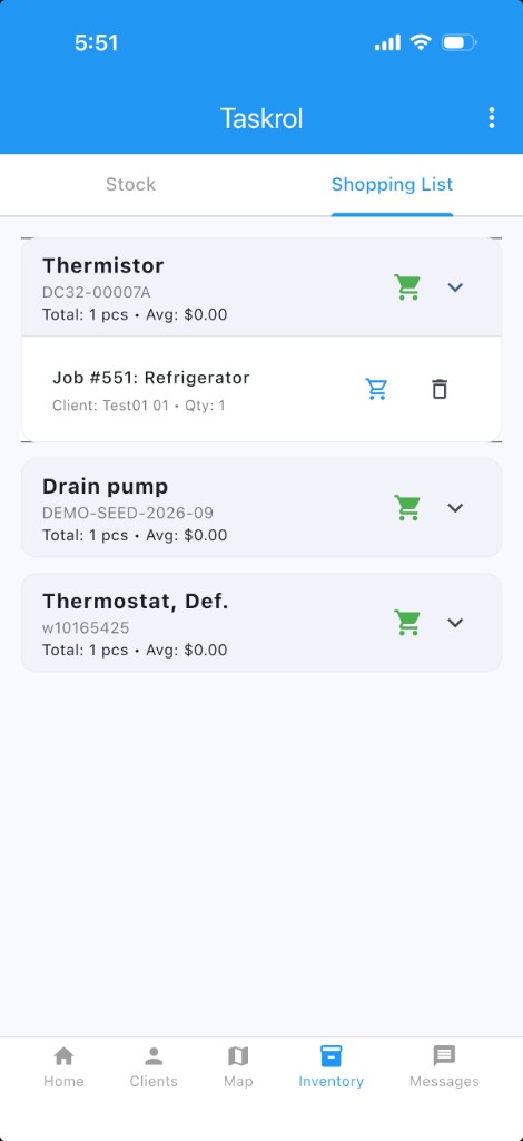 Taskrol shopping list with parts tied to open jobs for reorder reminders
